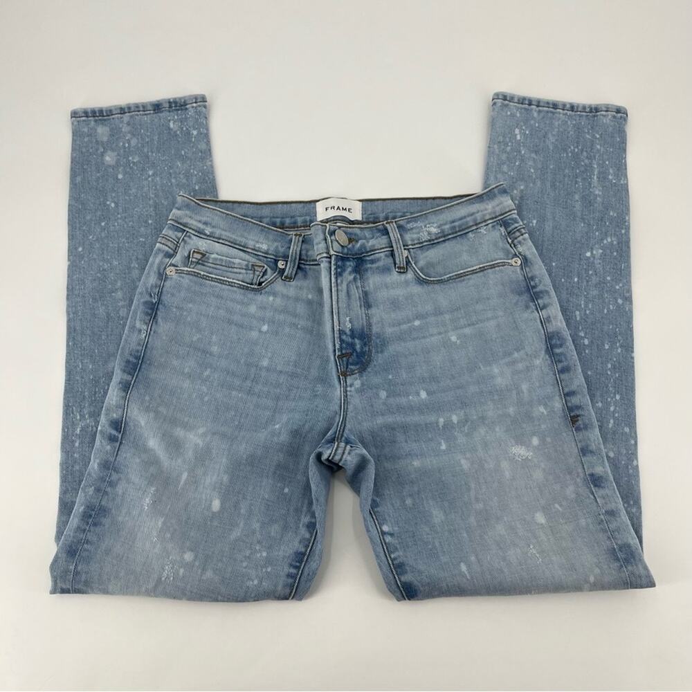 FRAME High Rise Straight Leg Bleach Spotted Jeans Zipper 5 Pocket Style Size 27